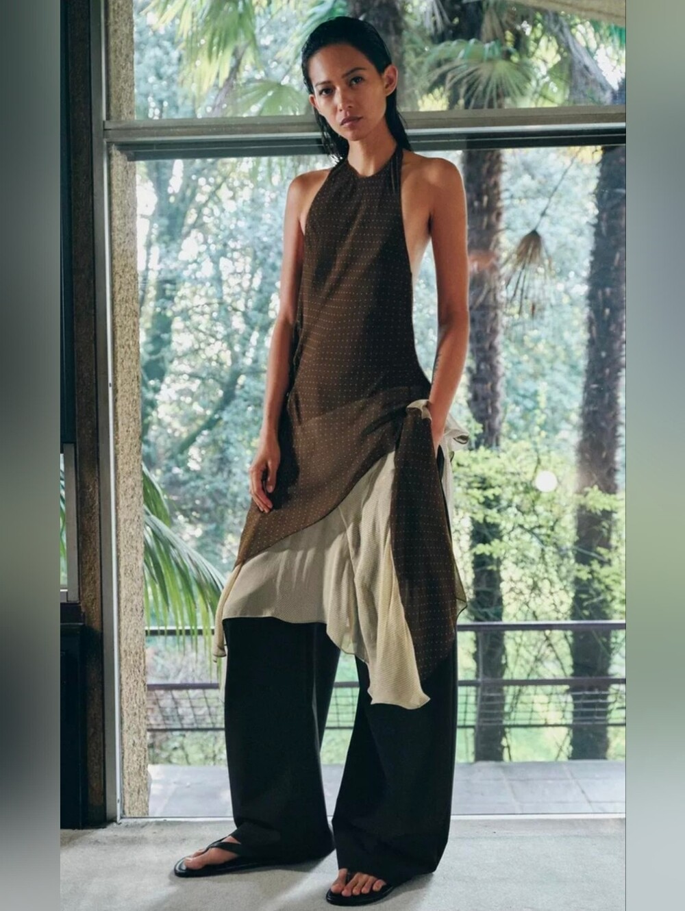 NWT Zara Collection Brown Polka Dot Asymmetrical Combination Midi Dress - Picture 6 of 14